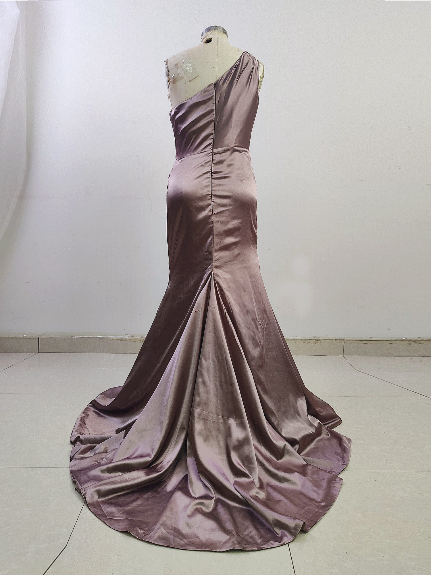 One Shoulder Pleated Formal Dresses Mermaid Satin Evening Party Dress with Train