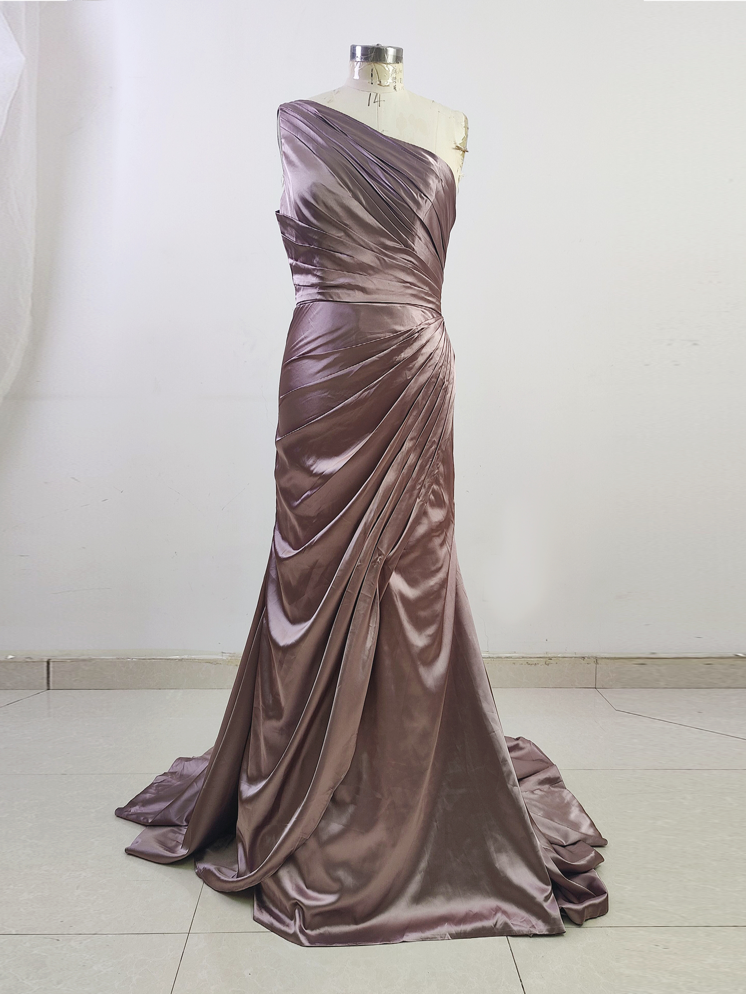 One Shoulder Pleated Formal Dresses Mermaid Satin Evening Party Dress with Train
