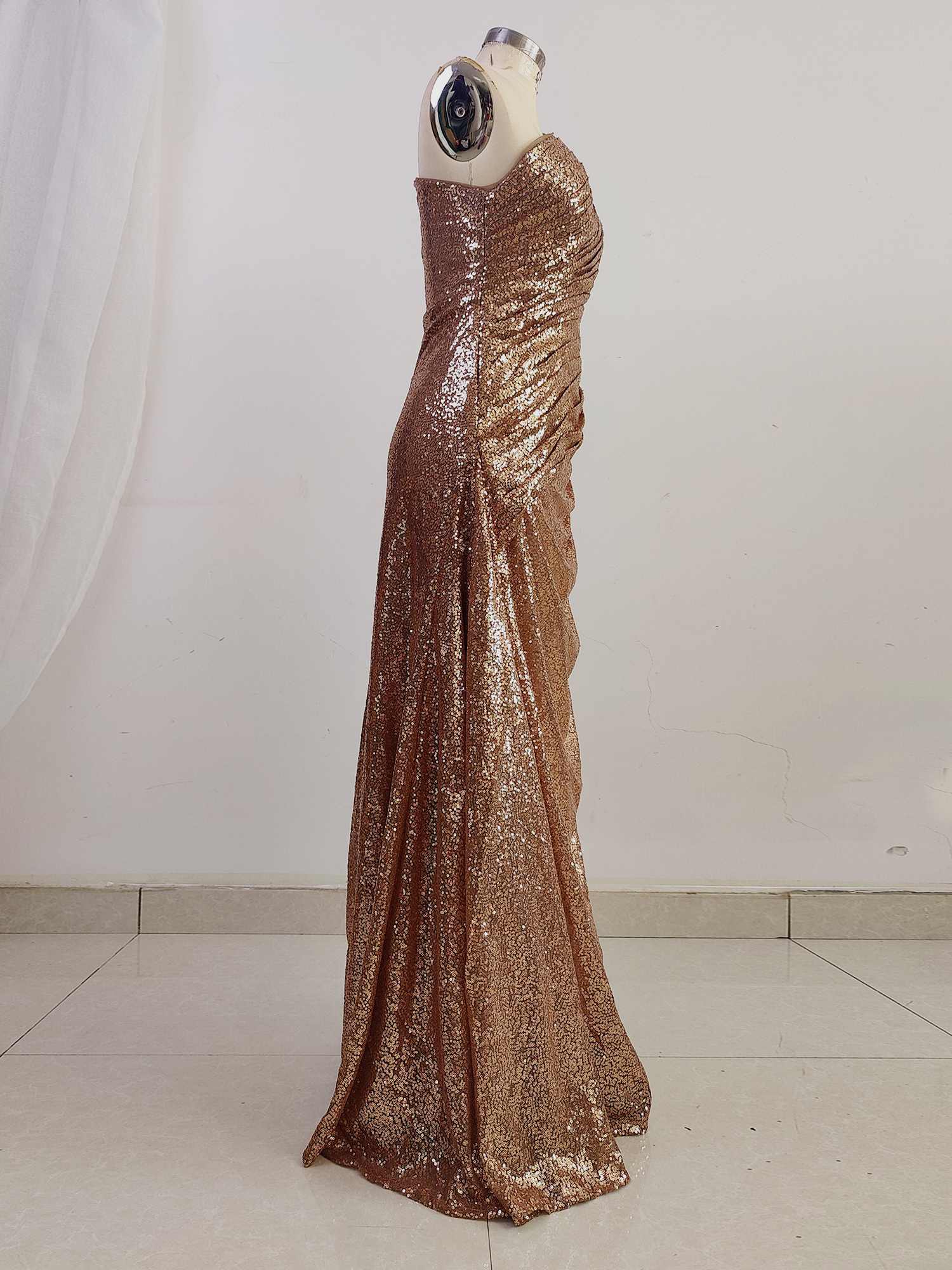 One Shoulder Sequins Formal Dresses A Line Pleated Prom Evening Dresses 