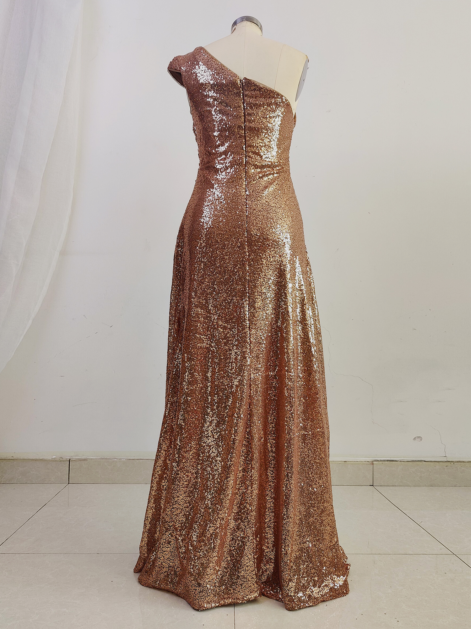 One Shoulder Sequins Formal Dresses A Line Pleated Prom Evening Dresses 