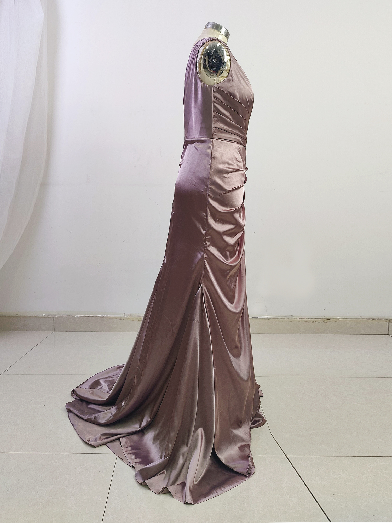 One Shoulder Pleated Formal Dresses Mermaid Satin Evening Party Dress with Train