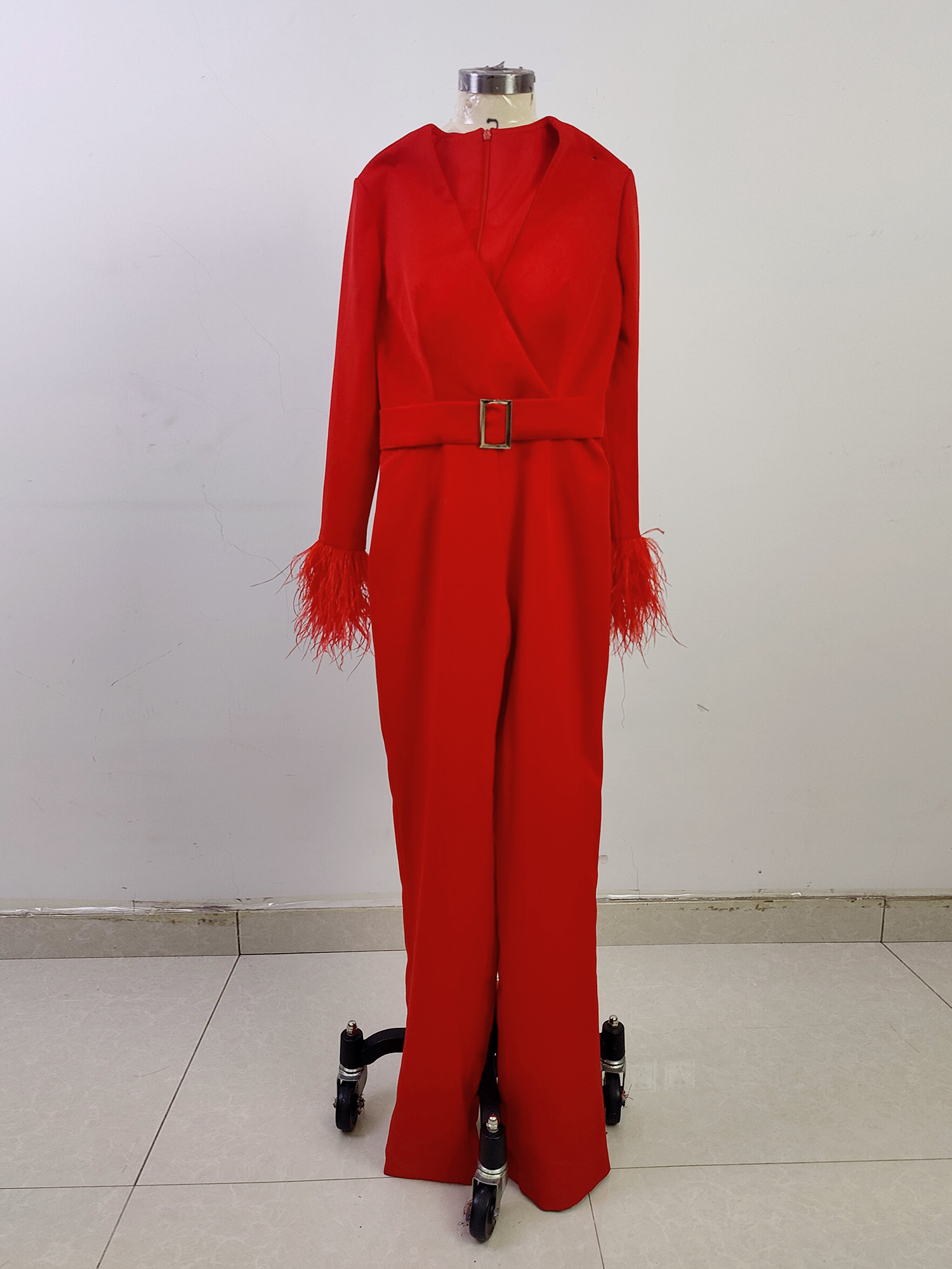 Long Sleeves Jumpsuit Evening Dresses with Feather V Neck Satin Formal Party Dress for Women 