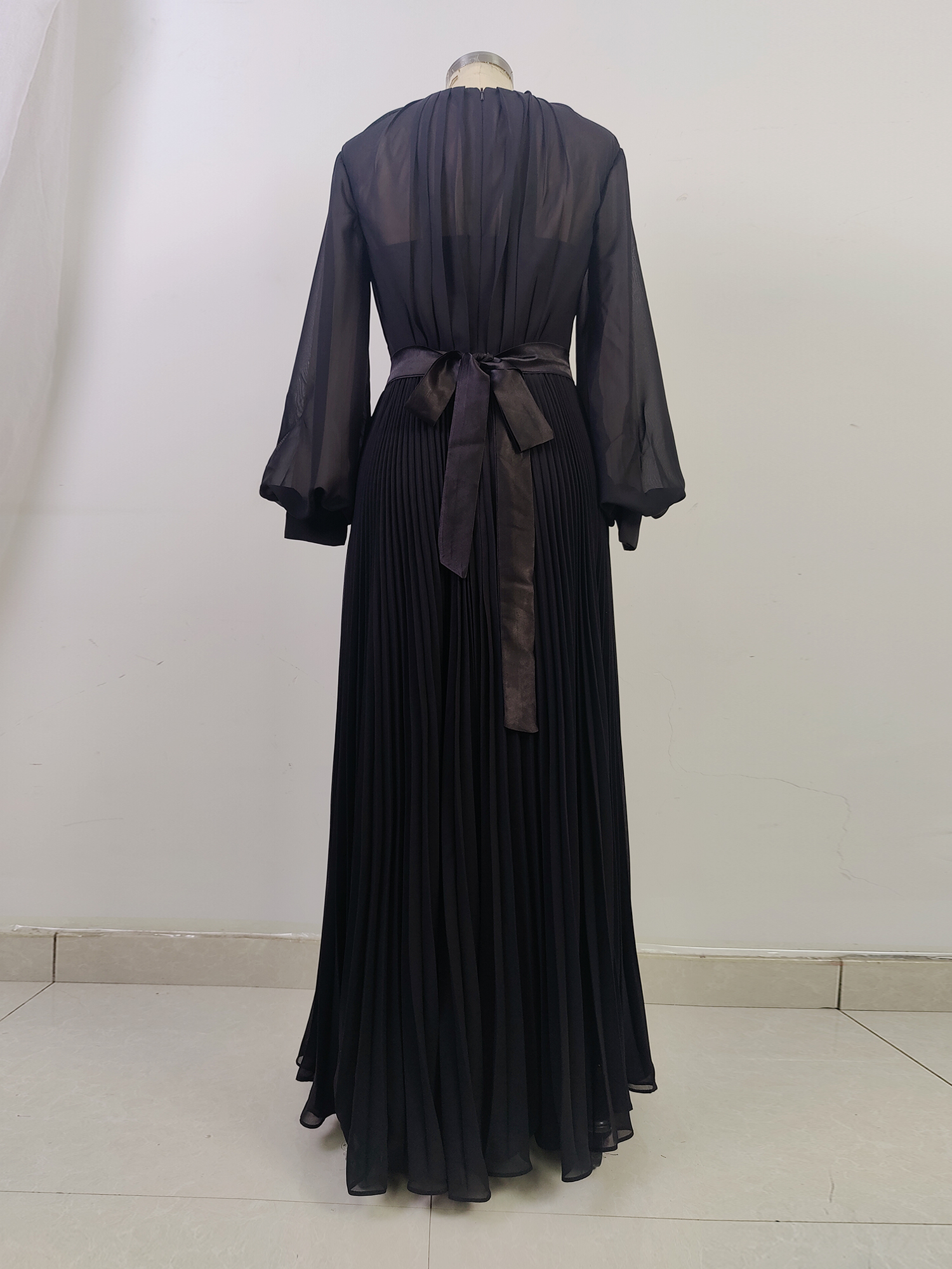 Long Sleeves O Neck Formal Dresses for Women Chiffon A Line Pleat Evening Party Dress
