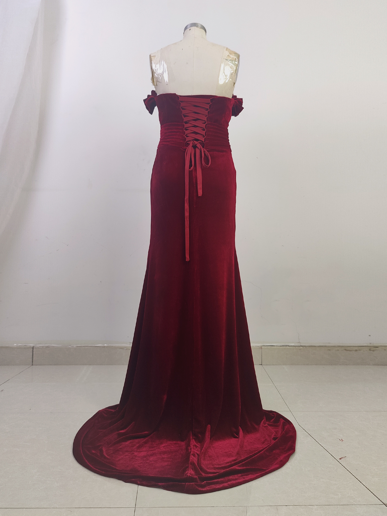 3D Flower Velvet Formal Dresses with Pleated Red Evening Party Dress for Women