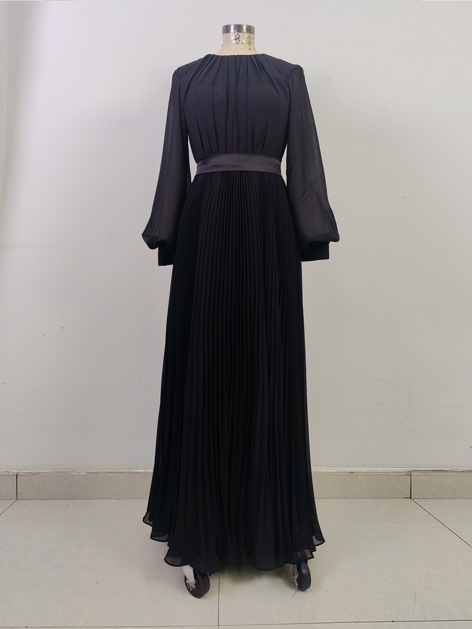 Long Sleeves O Neck Formal Dresses for Women Chiffon A Line Pleat Evening Party Dress