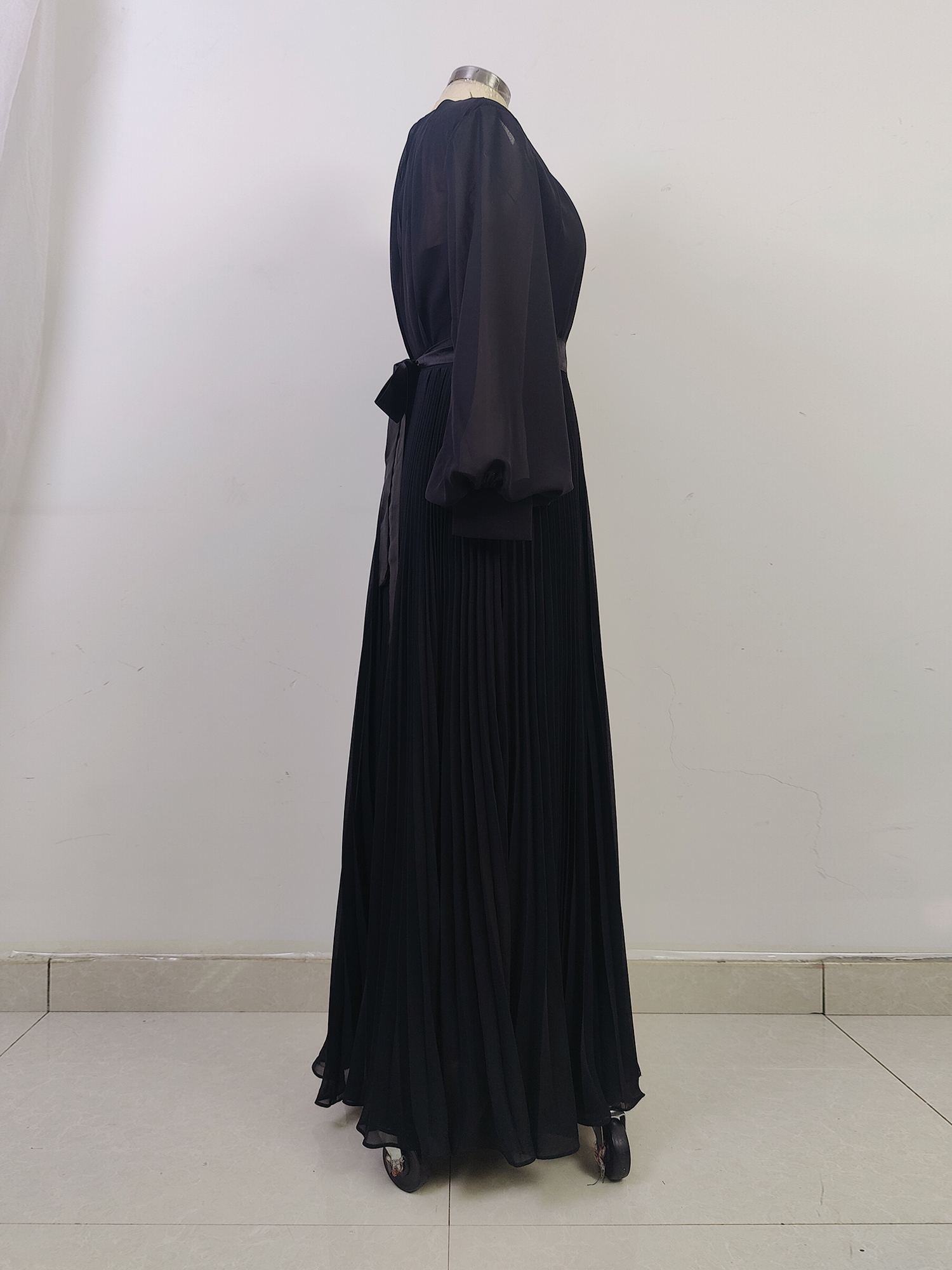 Long Sleeves O Neck Formal Dresses for Women Chiffon A Line Pleat Evening Party Dress