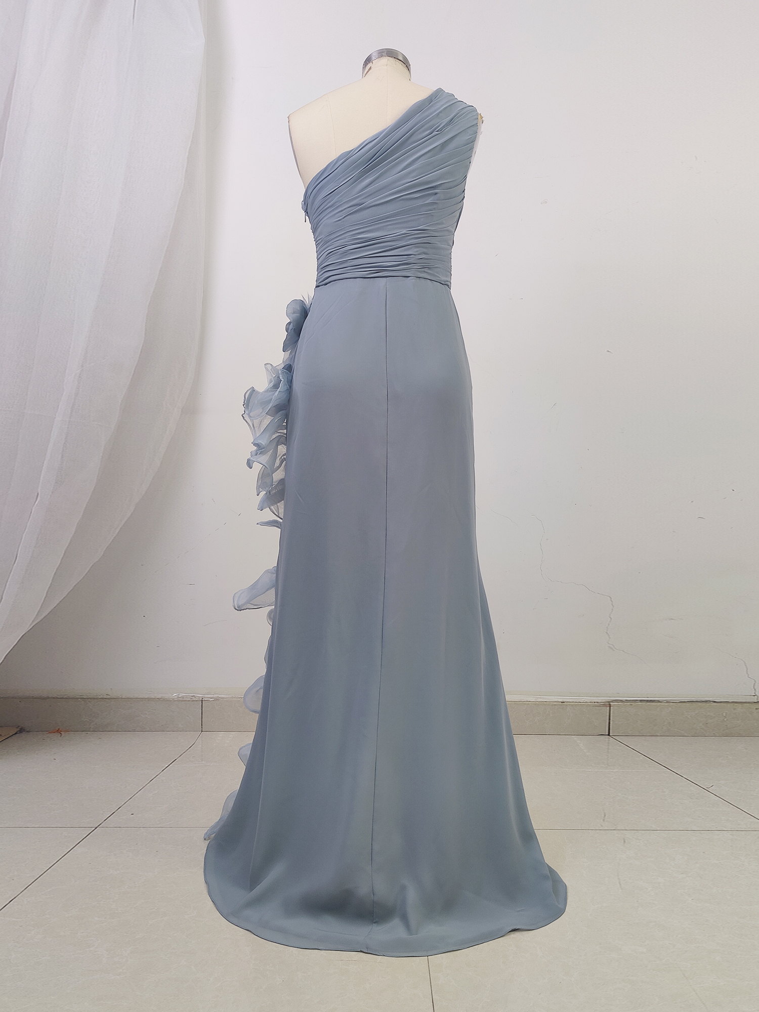 One Shoulder Formal Dresses with Flower Chiffon Ruffle Wedding Guest Dress