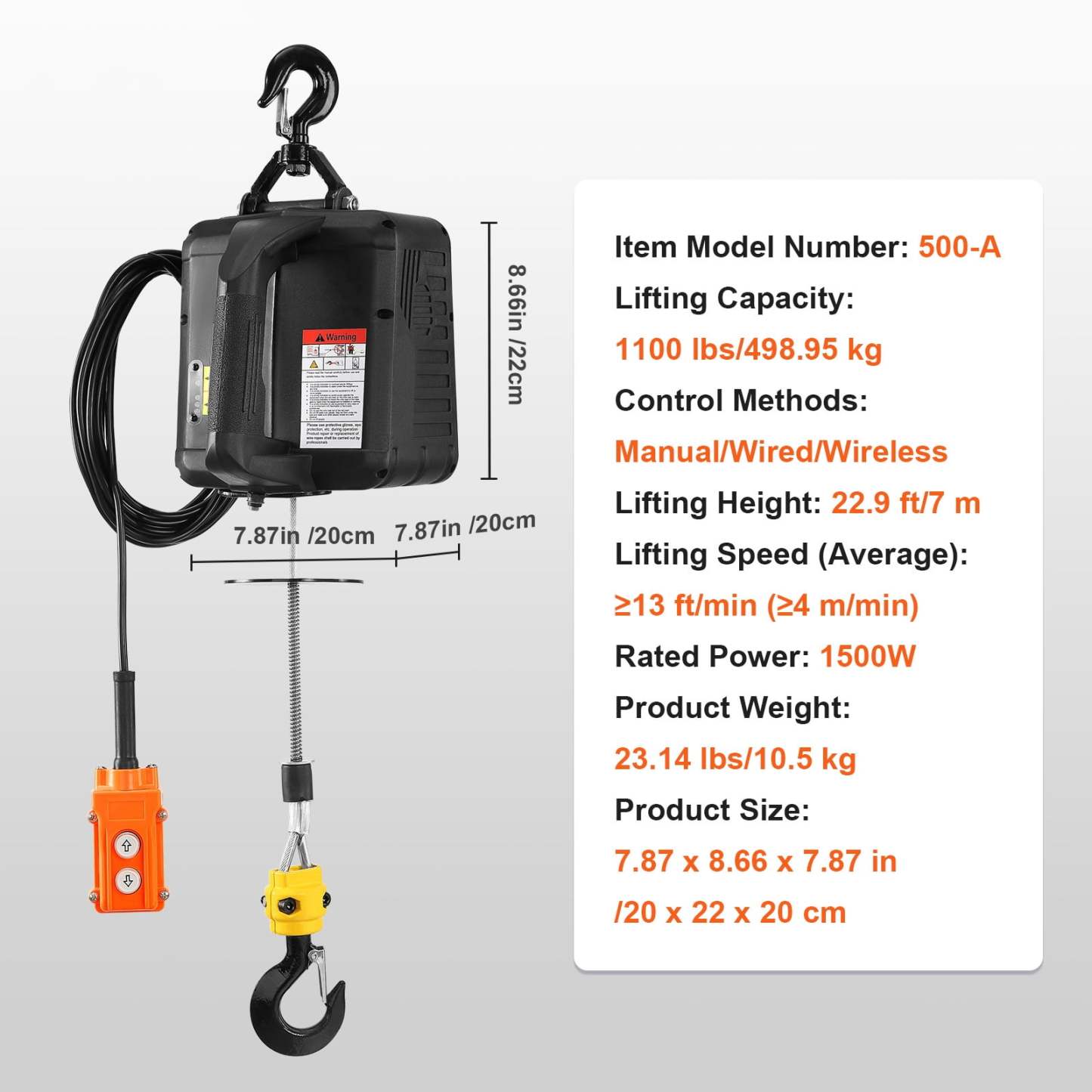 VEVOR 3-in-1 Electric Hoist Winch, 1100lbs 1500W Portable Power Winch Crane