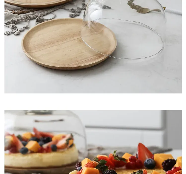 Wood Cake Stand with Glass Dome Revolving Cake Decorating Stand Dessert Display