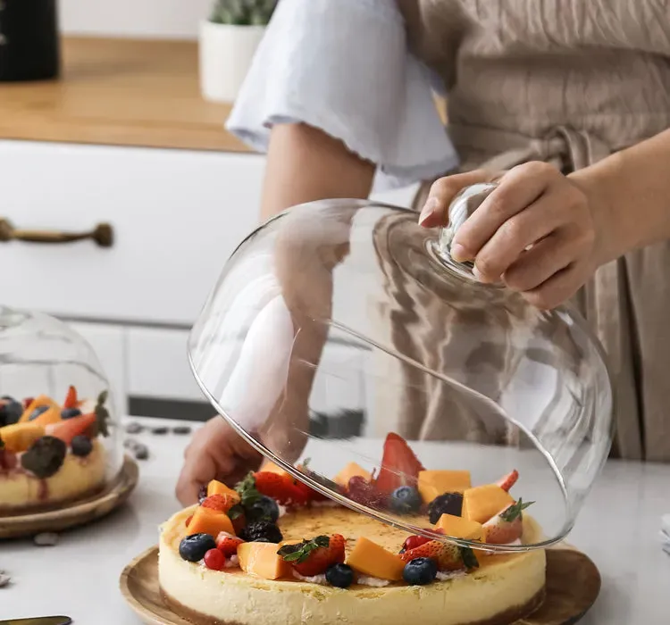 Wood Cake Stand with Glass Dome Revolving Cake Decorating Stand Dessert Display