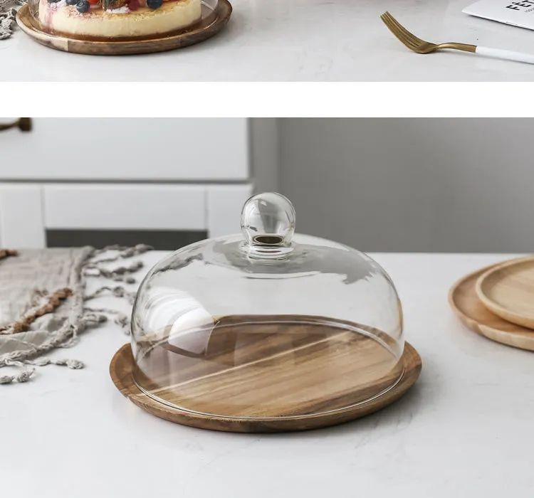 Wood Cake Stand with Glass Dome Revolving Cake Decorating Stand Dessert Display