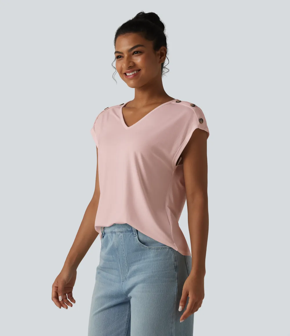 V Neck Decorative Button Cap Sleeve Relaxed Casual T-Shirt