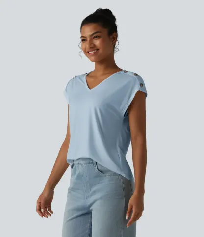 V Neck Decorative Button Cap Sleeve Relaxed Casual T-Shirt