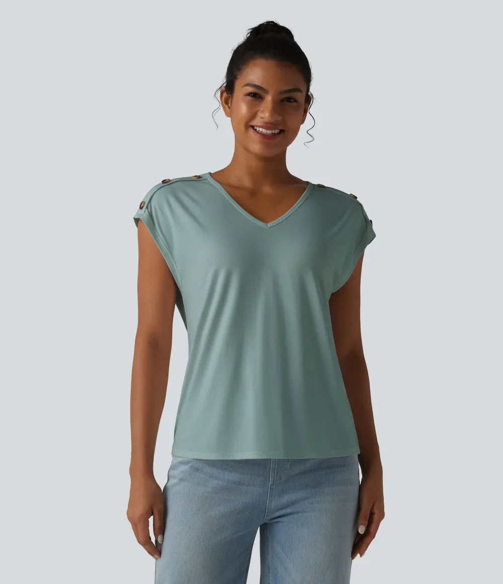V Neck Decorative Button Cap Sleeve Relaxed Casual T-Shirt