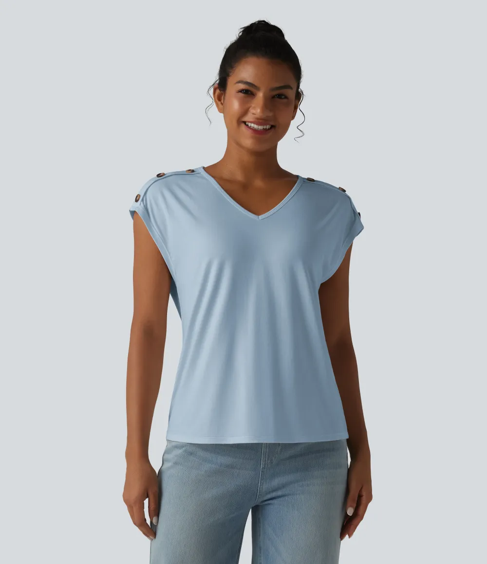 V Neck Decorative Button Cap Sleeve Relaxed Casual T-Shirt