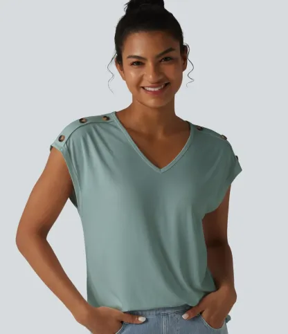 V Neck Decorative Button Cap Sleeve Relaxed Casual T-Shirt