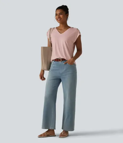V Neck Decorative Button Cap Sleeve Relaxed Casual T-Shirt