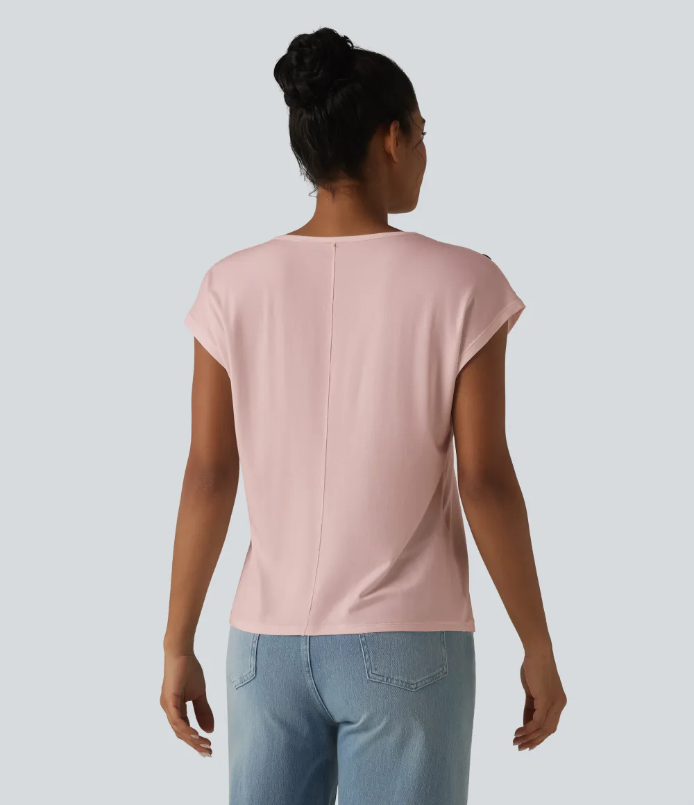 V Neck Decorative Button Cap Sleeve Relaxed Casual T-Shirt