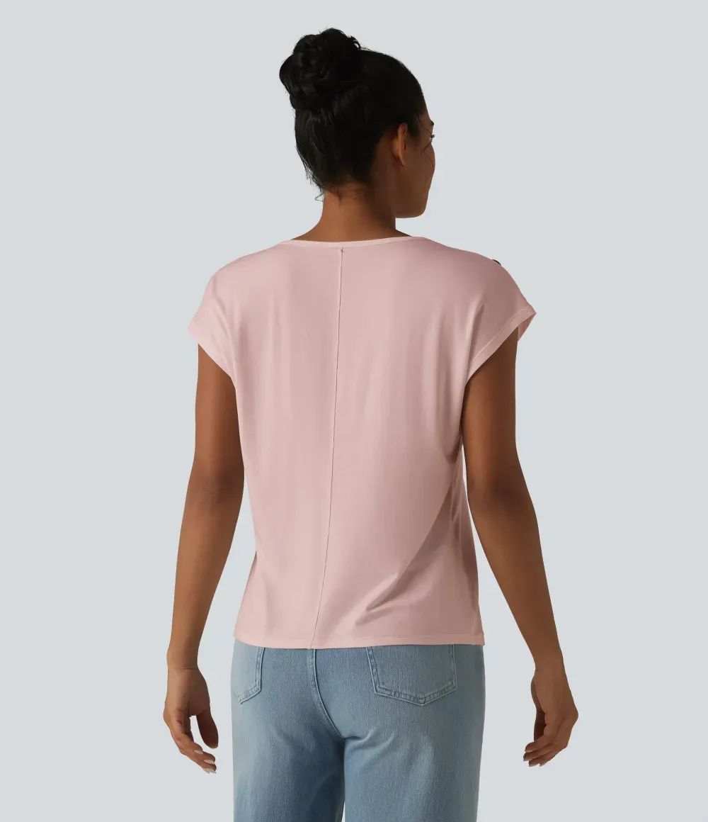 V Neck Decorative Button Cap Sleeve Relaxed Casual T-Shirt