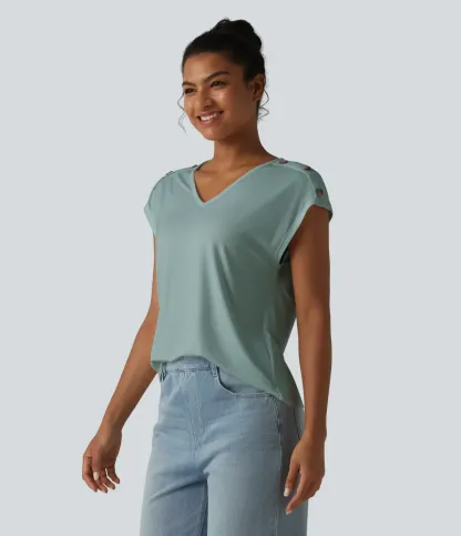 V Neck Decorative Button Cap Sleeve Relaxed Casual T-Shirt