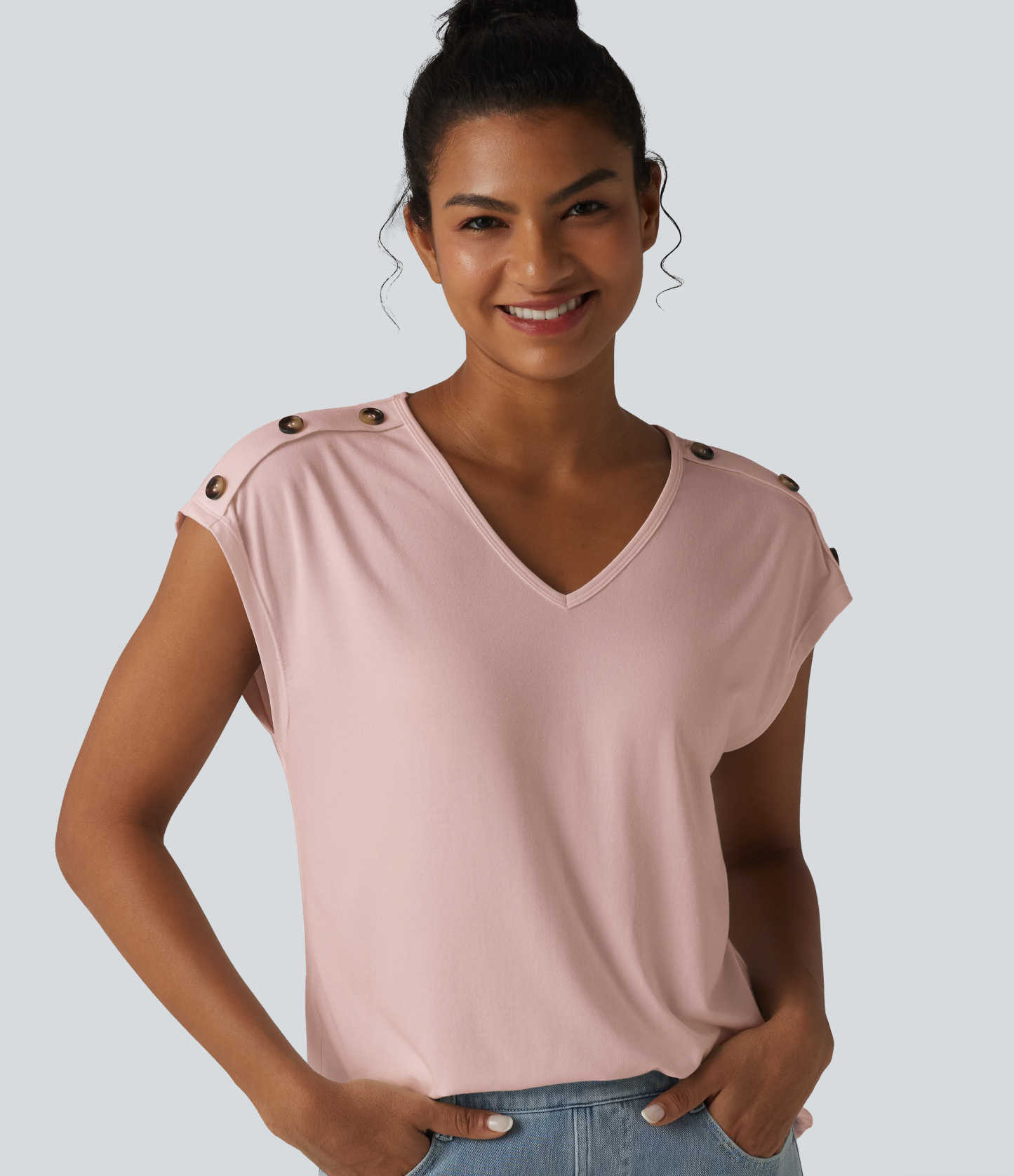V Neck Decorative Button Cap Sleeve Relaxed Casual T-Shirt