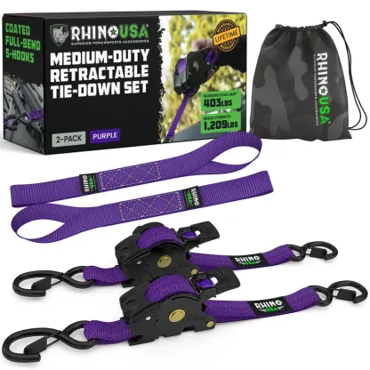 Rhino USA 1" x 10' Retractable Ratchet Straps – Medium Duty Tie-Downs