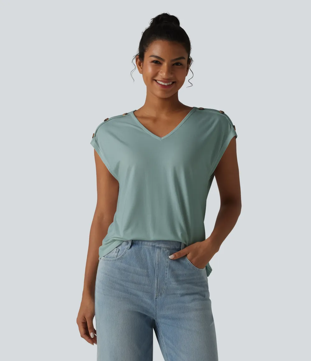 V Neck Decorative Button Cap Sleeve Relaxed Casual T-Shirt