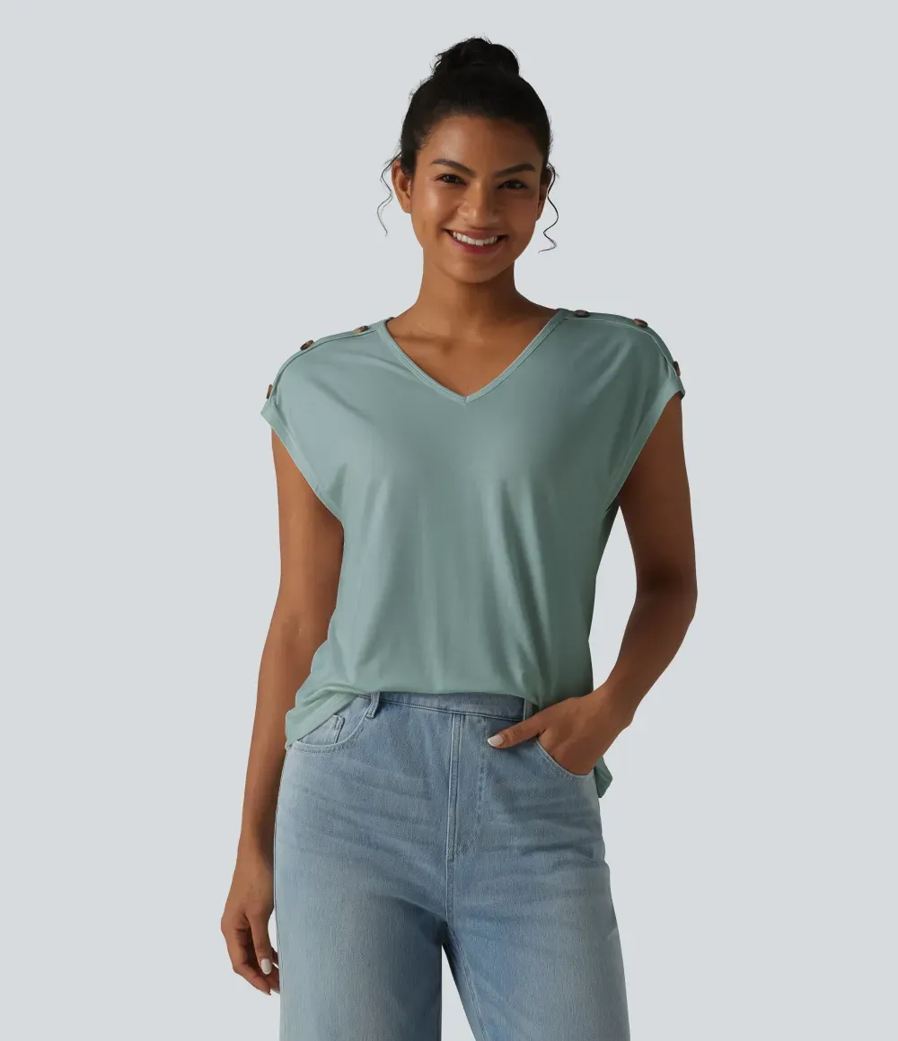 V Neck Decorative Button Cap Sleeve Relaxed Casual T-Shirt