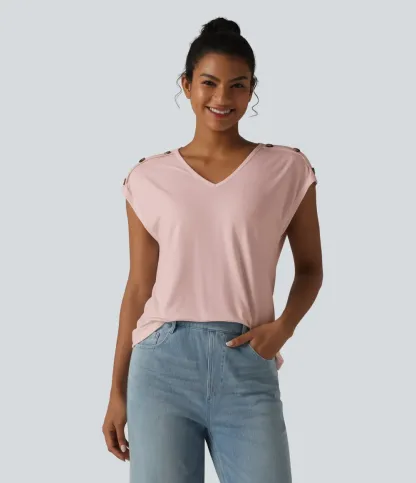 V Neck Decorative Button Cap Sleeve Relaxed Casual T-Shirt