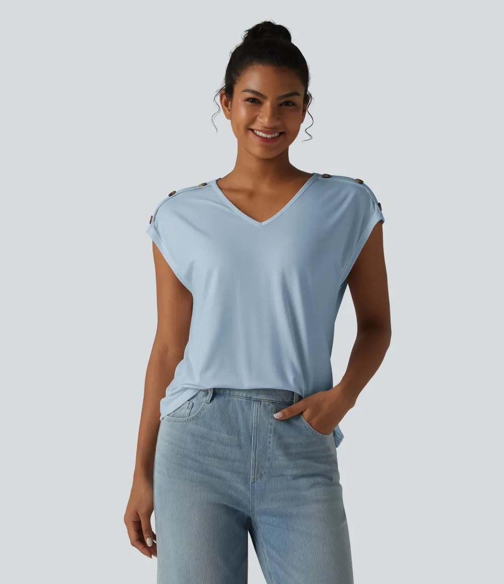 V Neck Decorative Button Cap Sleeve Relaxed Casual T-Shirt