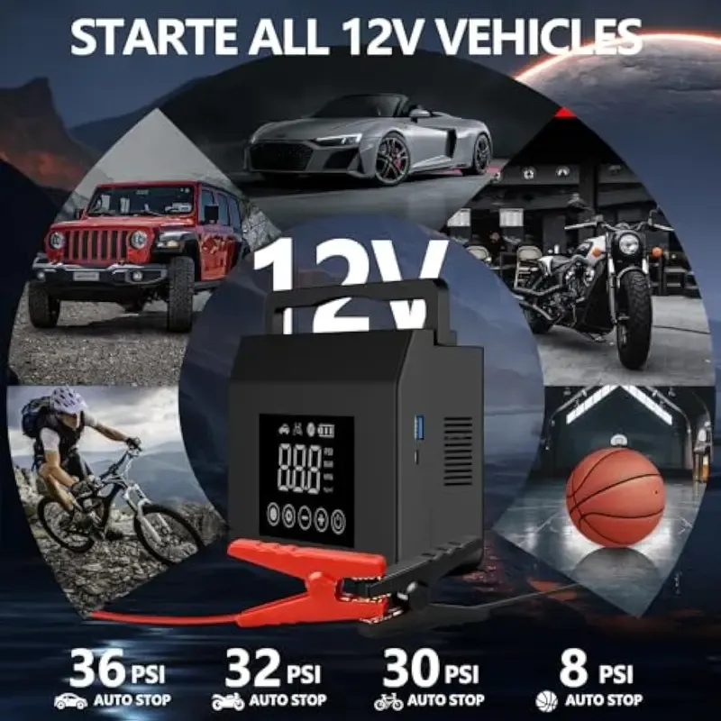 4000A Portable Car Jump Starter – 12V Battery Booster with Tire Inflator & Power Bank