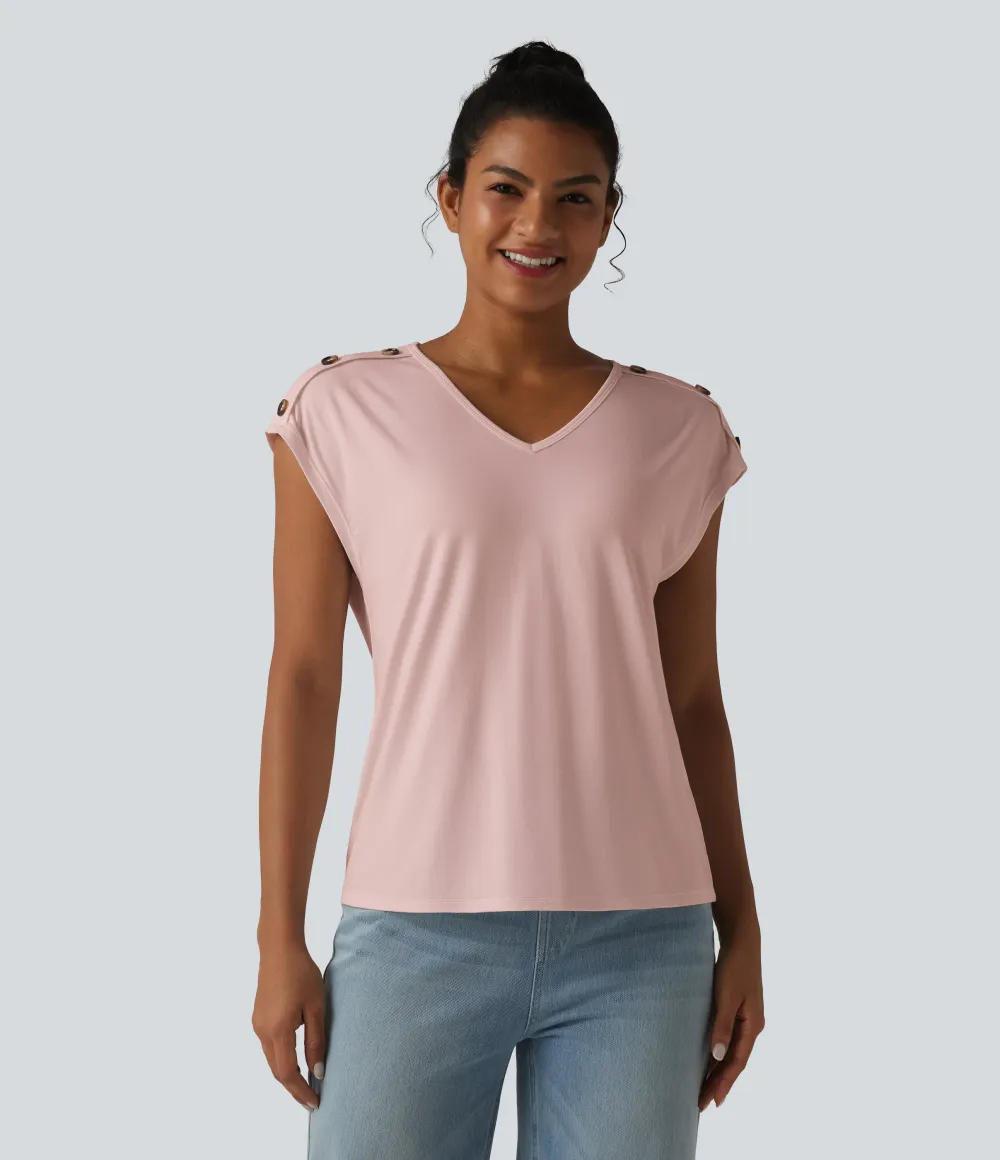 V Neck Decorative Button Cap Sleeve Relaxed Casual T-Shirt