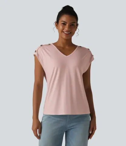 V Neck Decorative Button Cap Sleeve Relaxed Casual T-Shirt
