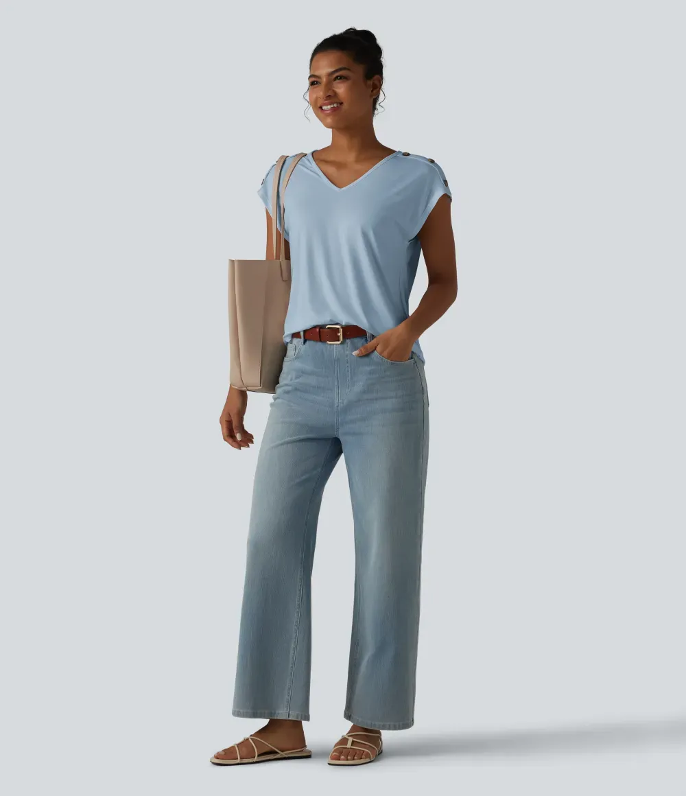 V Neck Decorative Button Cap Sleeve Relaxed Casual T-Shirt