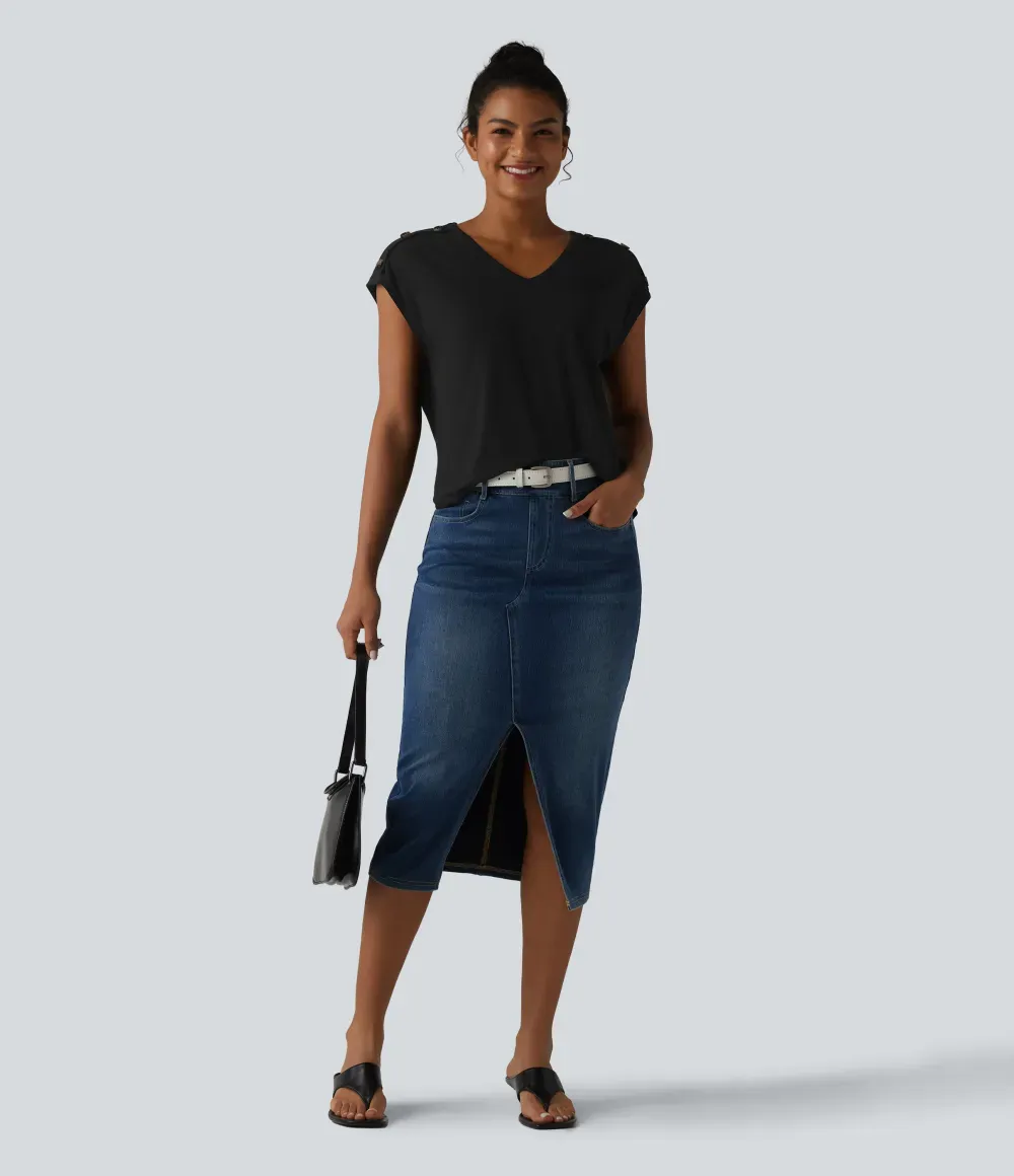 V Neck Decorative Button Cap Sleeve Relaxed Casual T-Shirt