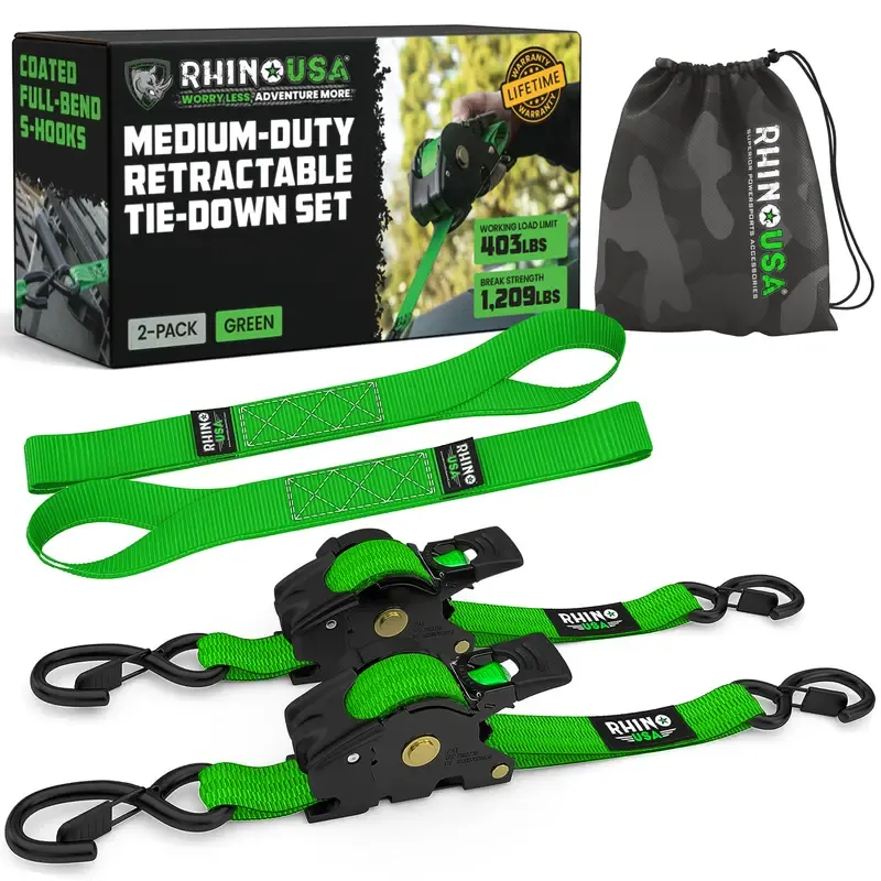 Rhino USA 1" x 10' Retractable Ratchet Straps – Medium Duty Tie-Downs
