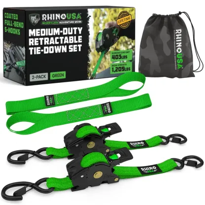 Rhino USA 1" x 10' Retractable Ratchet Straps – Medium Duty Tie-Downs