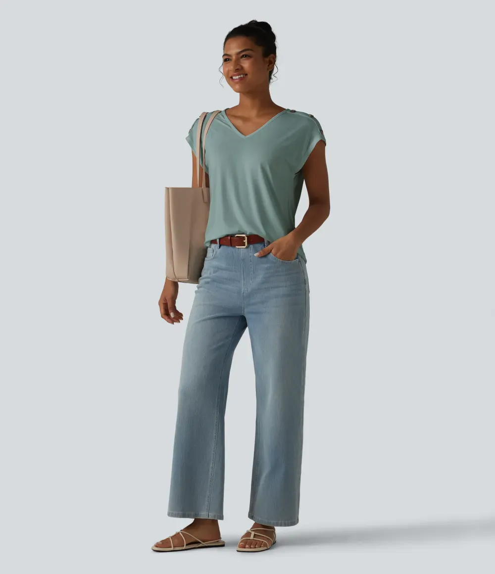 V Neck Decorative Button Cap Sleeve Relaxed Casual T-Shirt