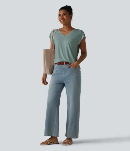 V Neck Decorative Button Cap Sleeve Relaxed Casual T-Shirt