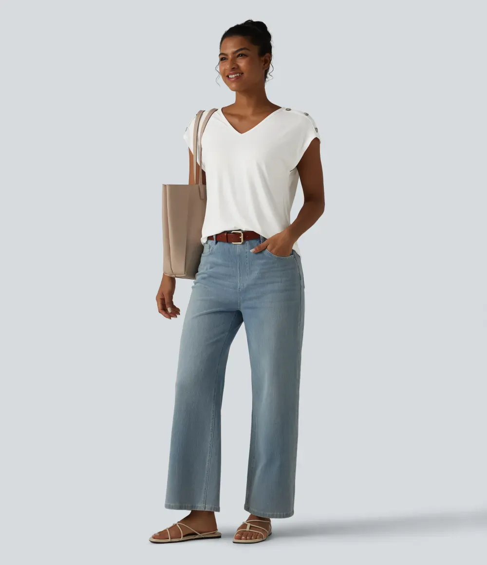 V Neck Decorative Button Cap Sleeve Relaxed Casual T-Shirt