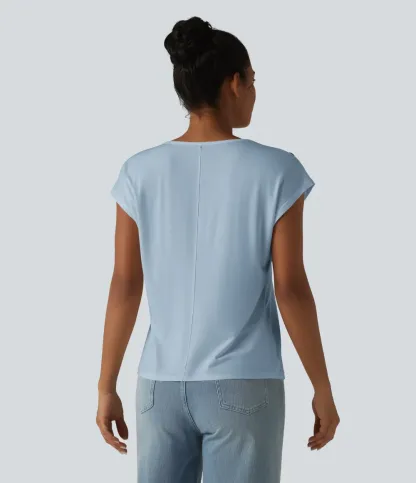 V Neck Decorative Button Cap Sleeve Relaxed Casual T-Shirt