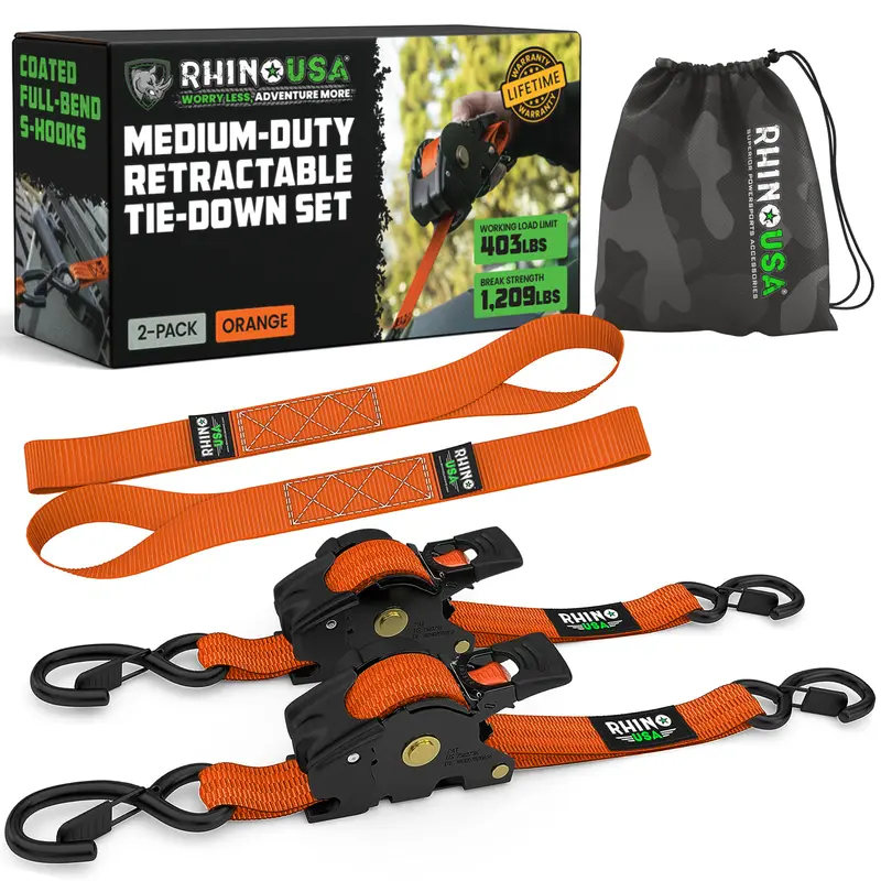 Rhino USA 1" x 10' Retractable Ratchet Straps – Medium Duty Tie-Downs