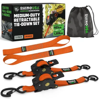 Rhino USA 1" x 10' Retractable Ratchet Straps – Medium Duty Tie-Downs