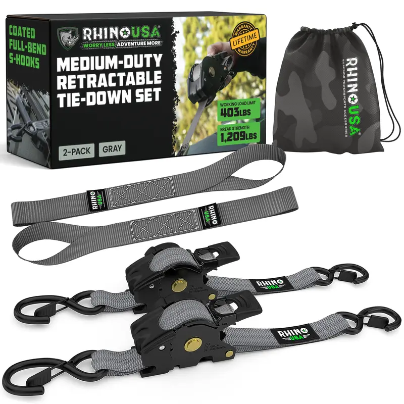 Rhino USA 1" x 10' Retractable Ratchet Straps – Medium Duty Tie-Downs