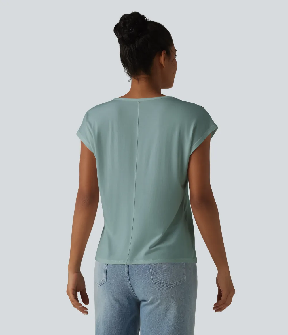 V Neck Decorative Button Cap Sleeve Relaxed Casual T-Shirt