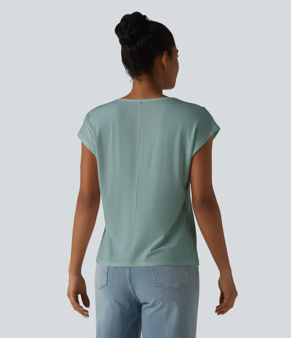 V Neck Decorative Button Cap Sleeve Relaxed Casual T-Shirt