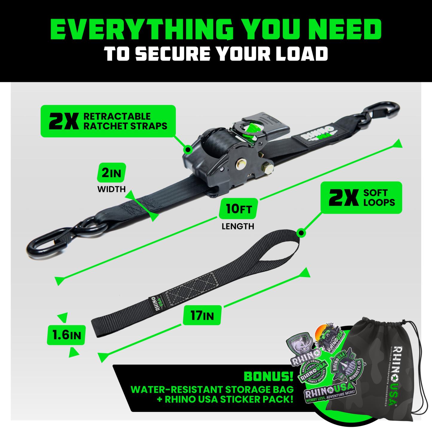 2" x 10' Retractable Ratchet Straps