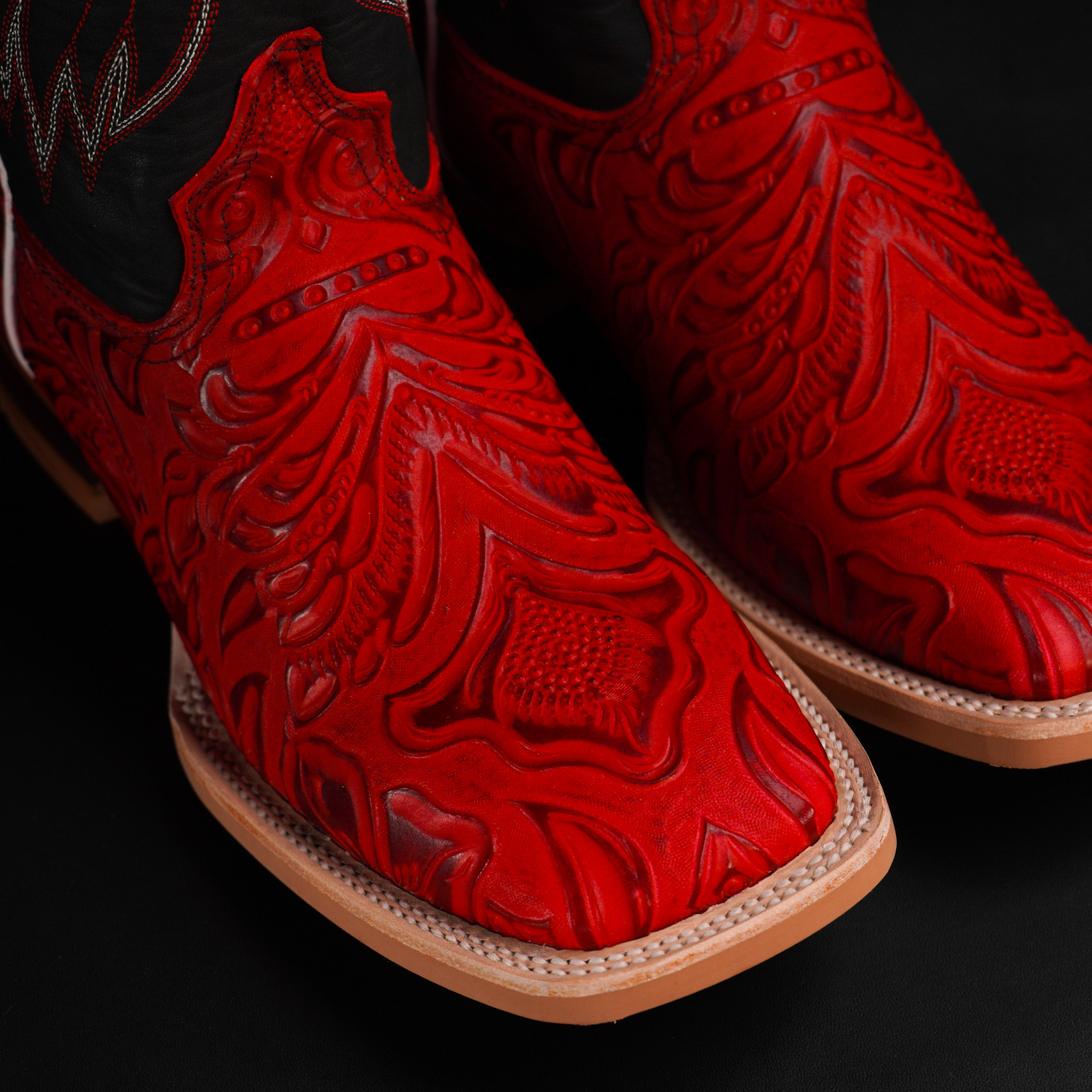 Red Hand Tooled Square Toe Boots