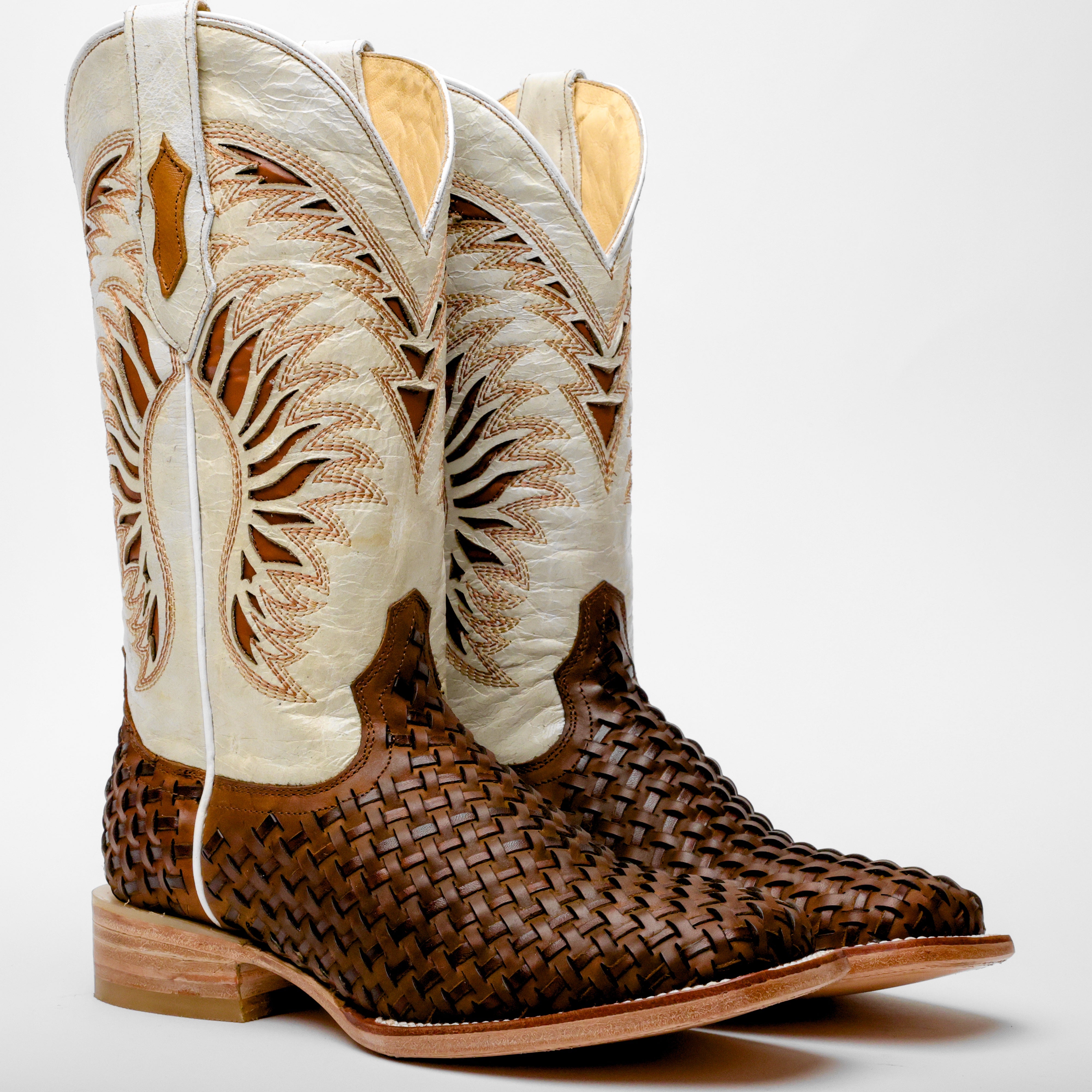 Tan Basketweave Leather Square Toe Boots