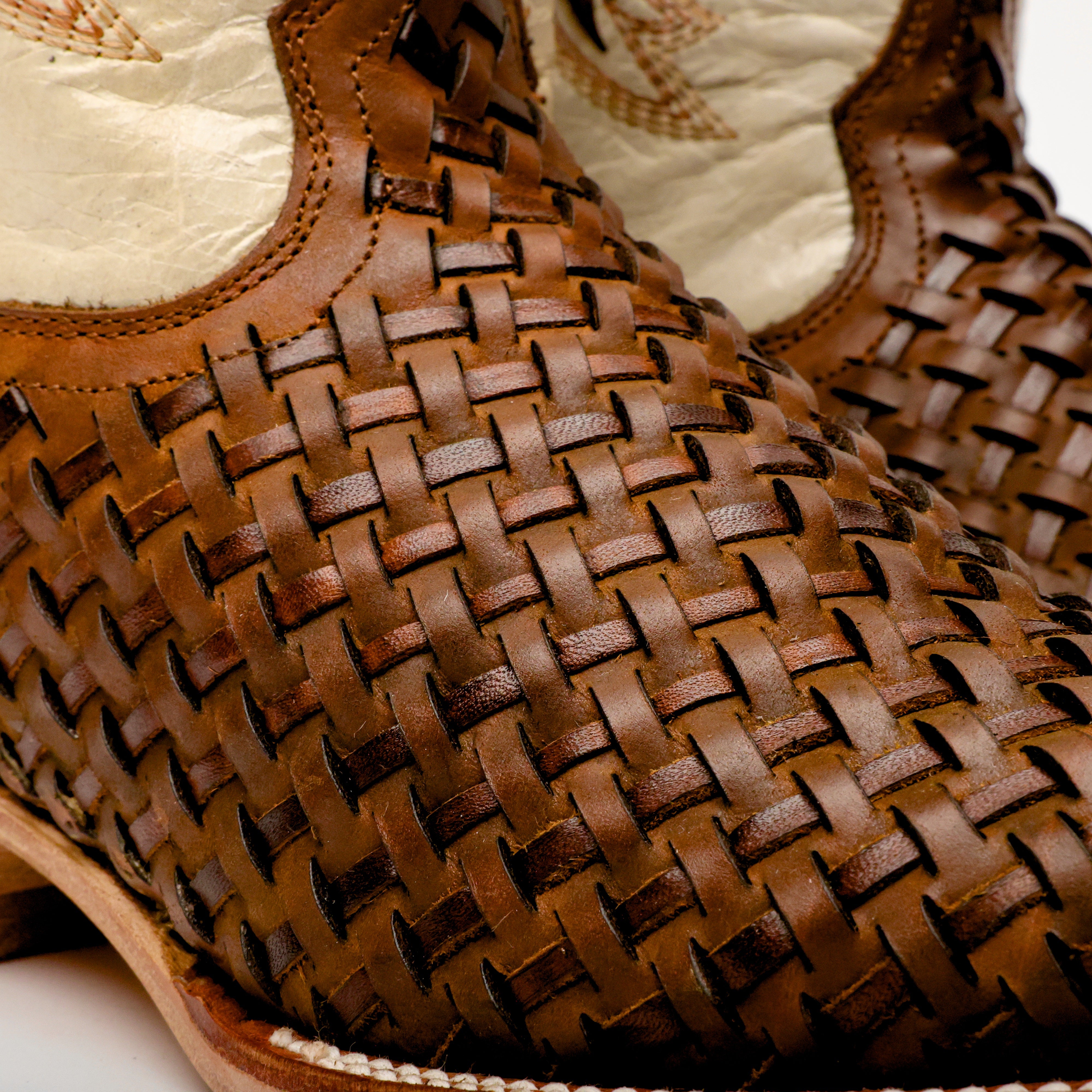 Tan Basketweave Leather Square Toe Boots